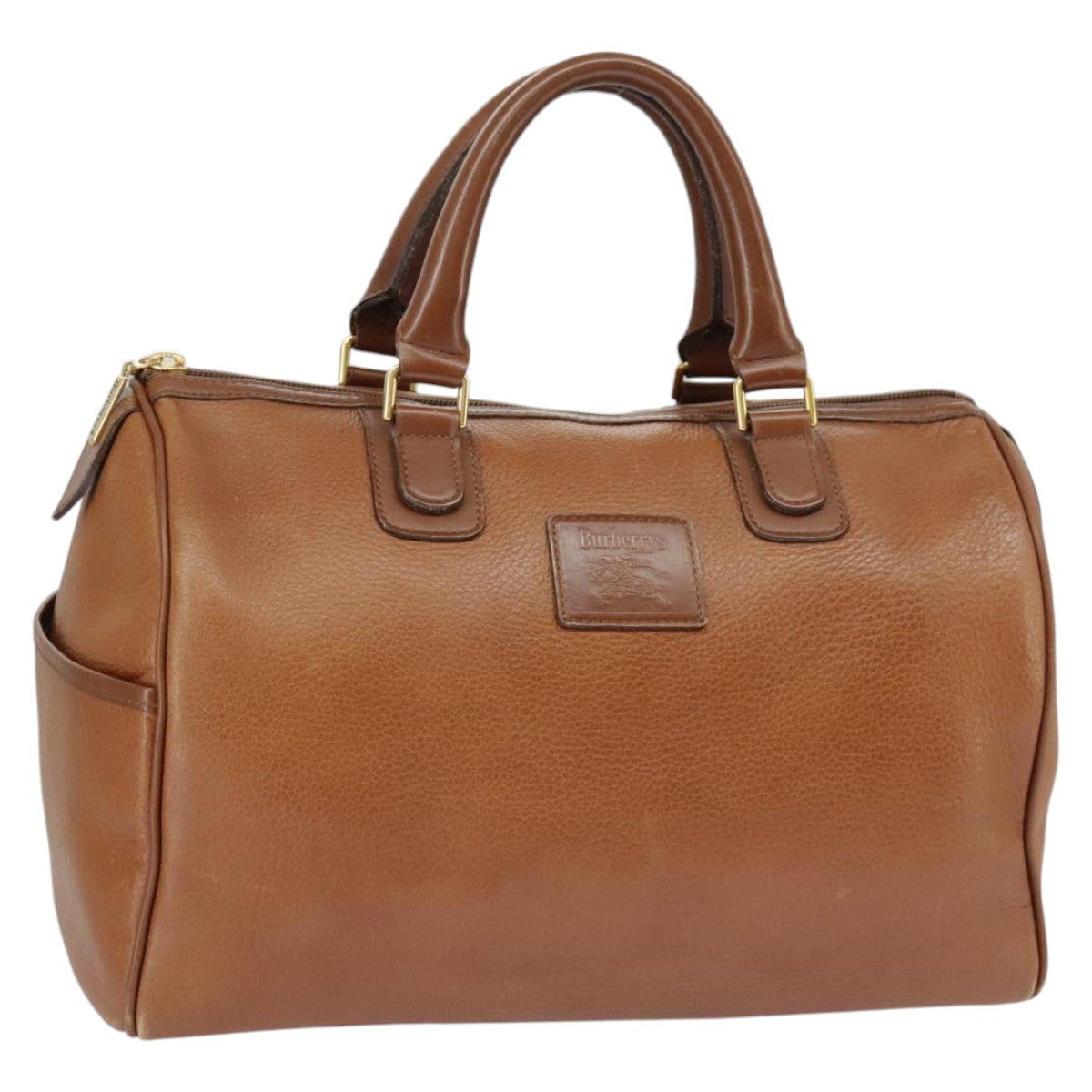 Burberrys Boston Bag Leather Brown Gold Auth ac3388