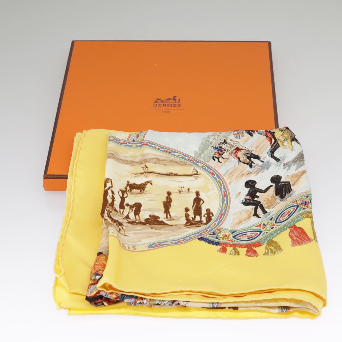 HERMES Carre90 CAVALIERS PEULS Scarf Silk Yellow Auth ac3390