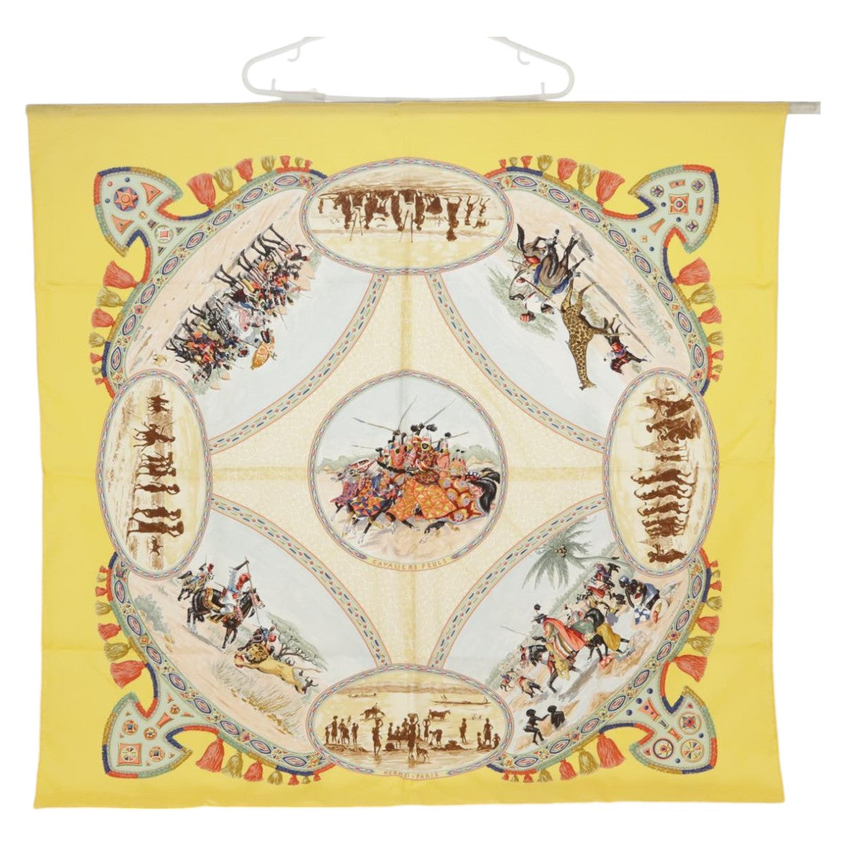 HERMES Carre90 CAVALIERS PEULS Scarf Silk Yellow Auth ac3390