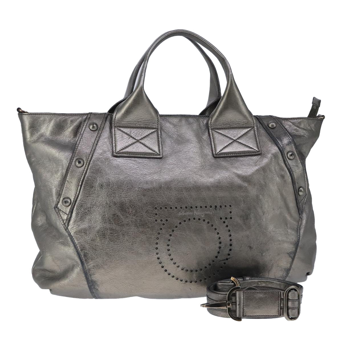 Salvatore Ferragamo Gancini Hand Bag Leather 2way Silver Auth ac3404