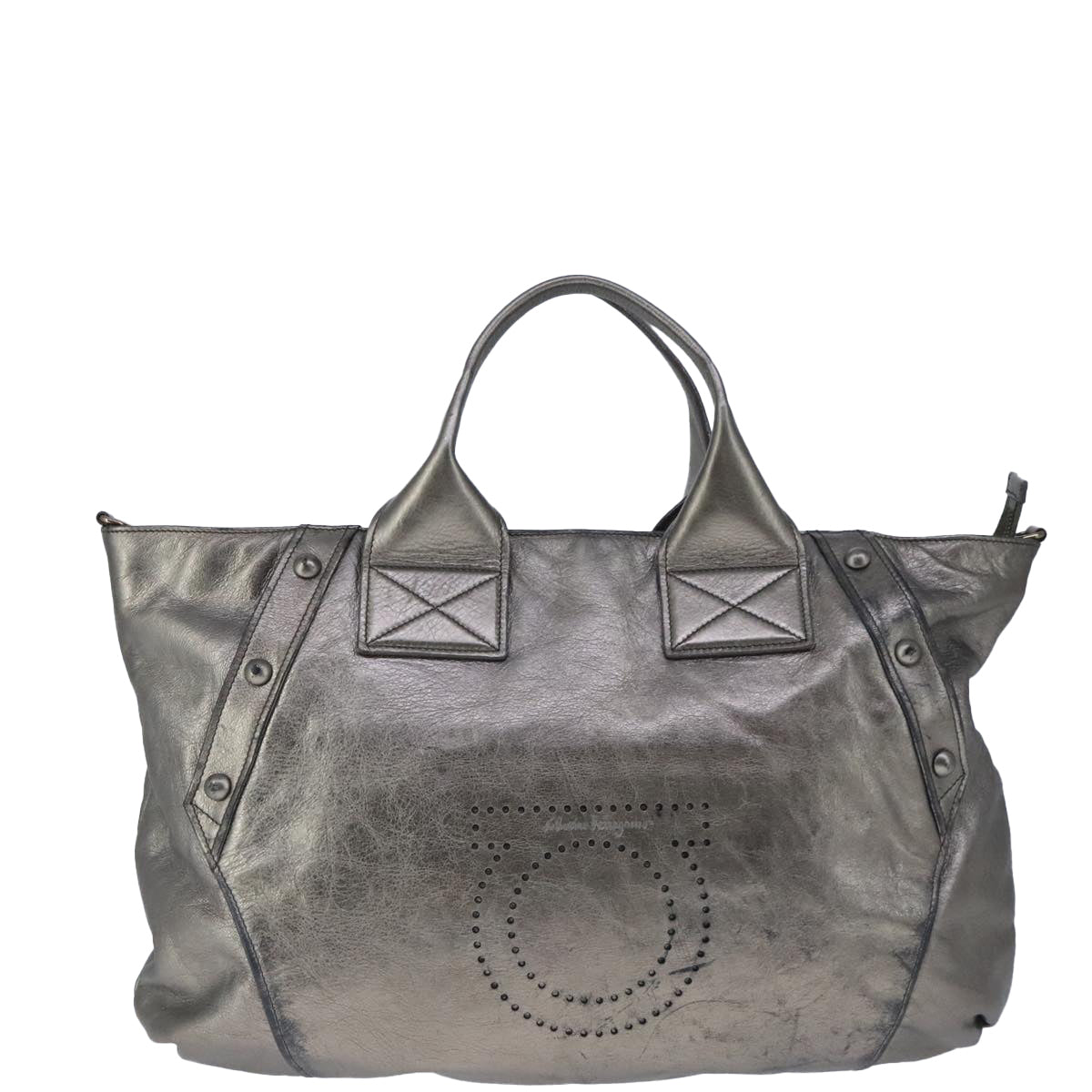 Salvatore Ferragamo Gancini Hand Bag Leather 2way Silver Auth ac3404 - 0