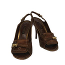 LOUIS VUITTON Monogram High heels Satin 35 1/2 Brown Gold LV Auth ac3410-1