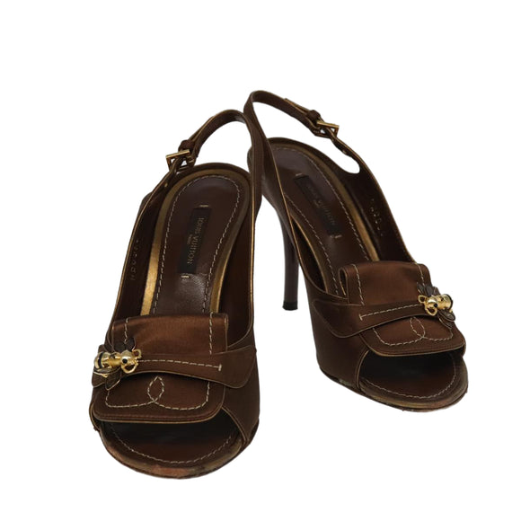 LOUIS VUITTON Monogram High heels Satin 35 1/2 Brown Gold LV Auth ac3410