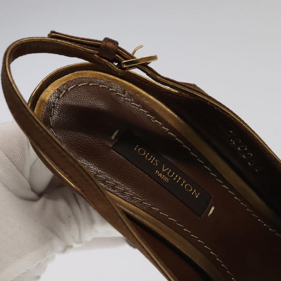 LOUIS VUITTON Monogram High heels Satin 35 1/2 Brown Gold LV Auth ac3410