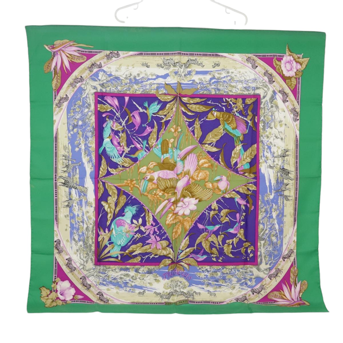 HERMES Carre90 TROPIQUES Scarf Silk Green Blue Auth ac3412