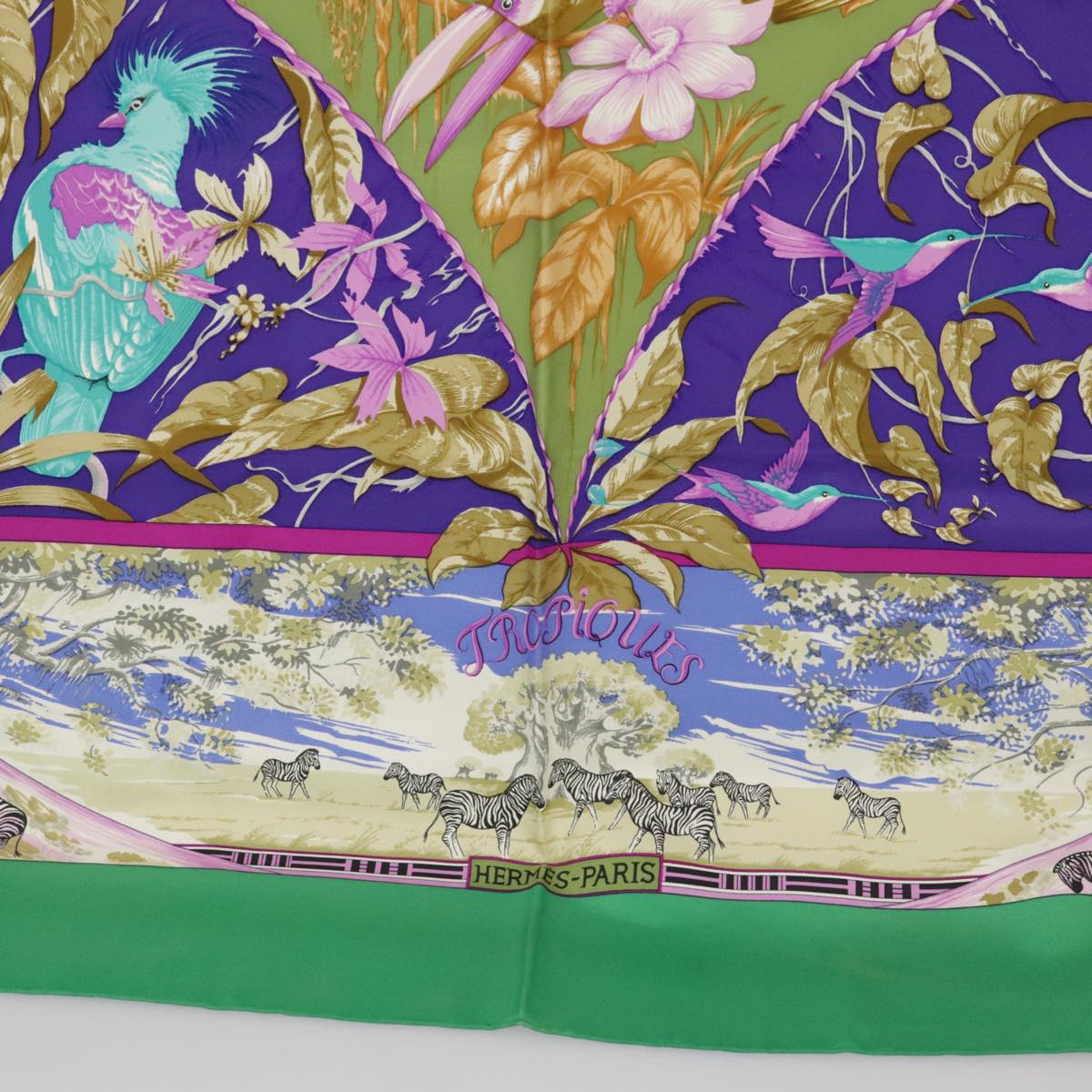 HERMES Carre90 TROPIQUES Scarf Silk Green Blue Auth ac3412