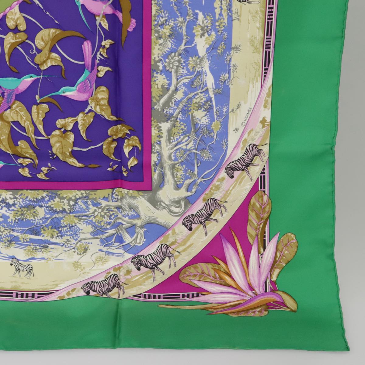 HERMES Carre90 TROPIQUES Scarf Silk Green Blue Auth ac3412