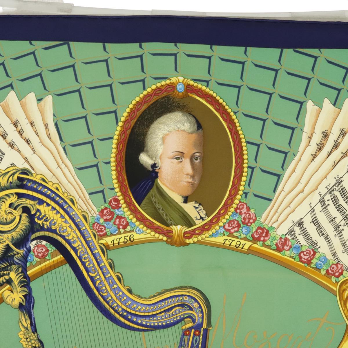 HERMES Carre90 Wolfgang Amadeus Mozart Scarf Silk Green Blue Auth ac3413