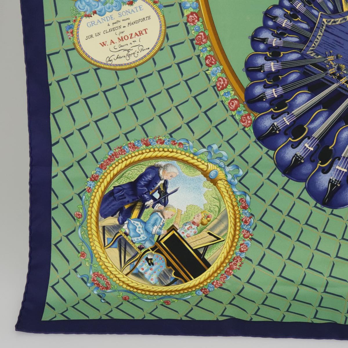 HERMES Carre90 Wolfgang Amadeus Mozart Scarf Silk Green Blue Auth ac3413