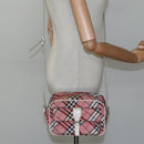BURBERRY Nova Check Blue Label Shoulder Bag Nylon Pink Silver Auth ac3585-22