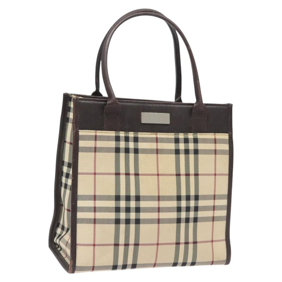 BURBERRY Nova Check Hand Bag Nylon Leather Beige Silver Auth ac3586