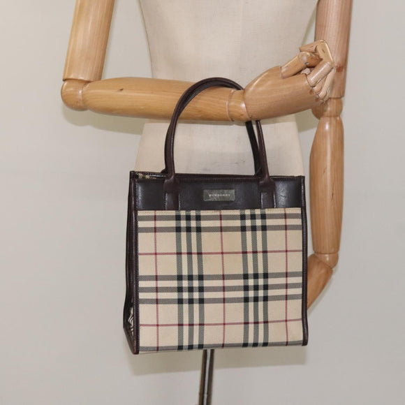BURBERRY Nova Check Hand Bag Nylon Leather Beige Silver Auth ac3586
