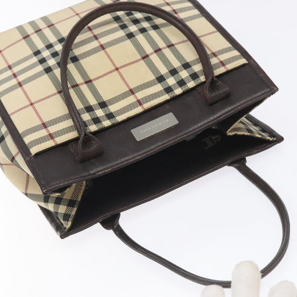 BURBERRY Nova Check Hand Bag Nylon Leather Beige Silver Auth ac3586