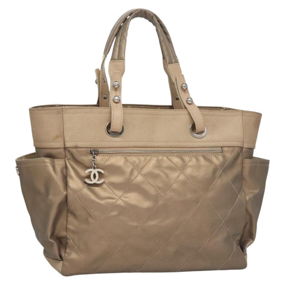 CHANEL Paris Biarritz MM Tote Bag Coated Canvas Gold Tone Silver CC Auth ac3593