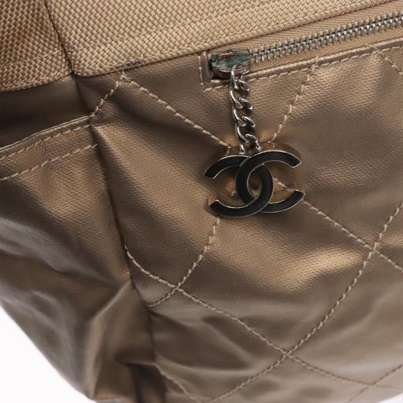 CHANEL Paris Biarritz MM Tote Bag Coated Canvas Gold Tone Silver CC Auth ac3593