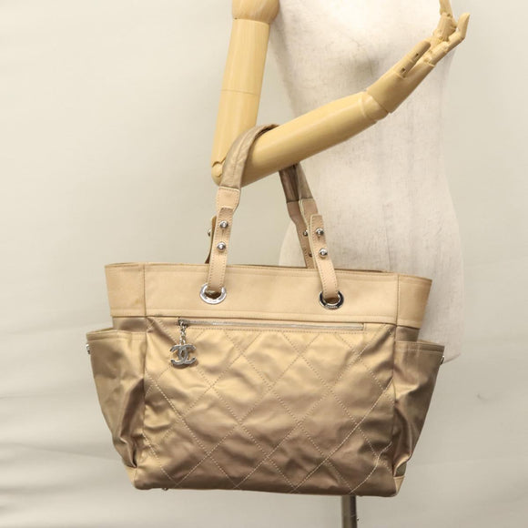 CHANEL Paris Biarritz MM Tote Bag Coated Canvas Gold Tone Silver CC Auth ac3593