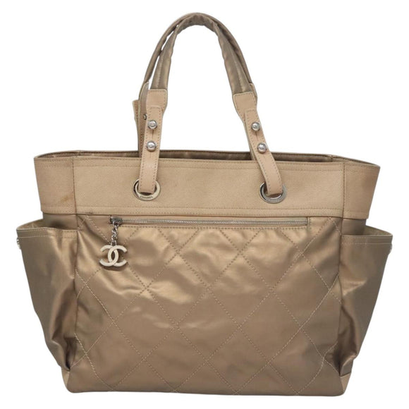 CHANEL Paris Biarritz MM Tote Bag Coated Canvas Gold Tone Silver CC Auth ac3593