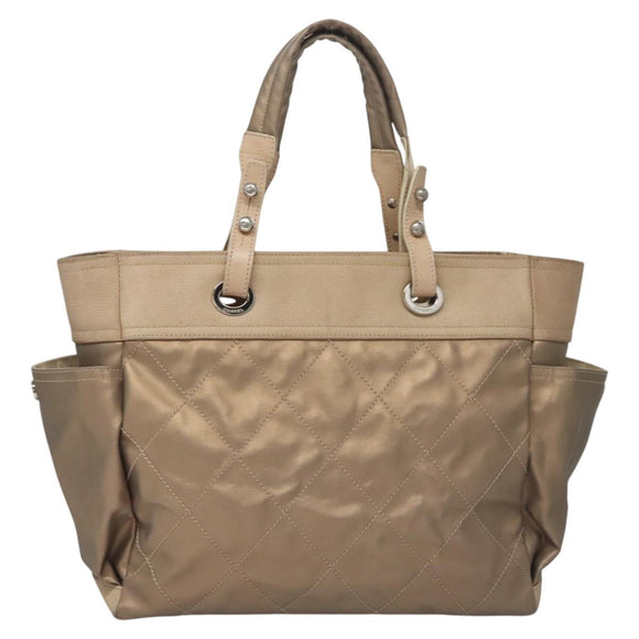 CHANEL Paris Biarritz MM Tote Bag Coated Canvas Gold Tone Silver CC Auth ac3593