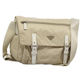PRADA Shoulder Bag Nylon Beige Silver Auth ac3661