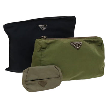 PRADA Pouch Nylon 3Set Green Navy beige Auth ac3763