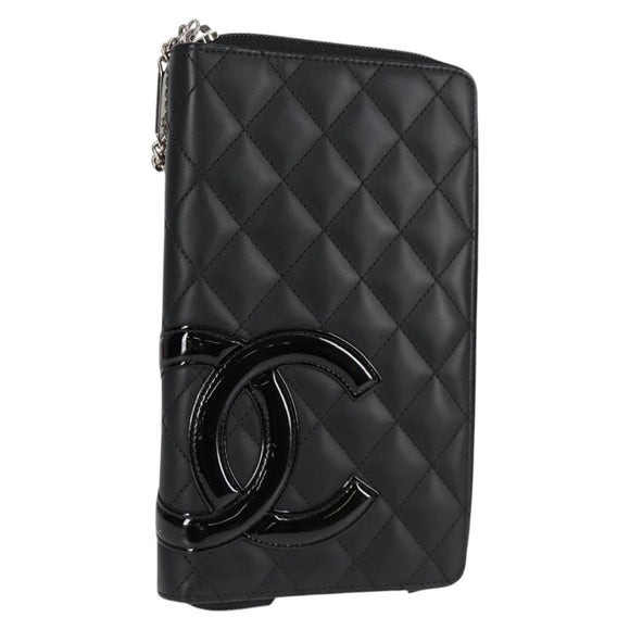 CHANEL Cambon Line Matelasse Long Wallet Calf leather Black CC Auth ac3768AM