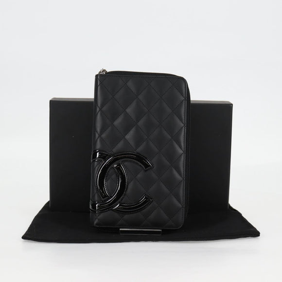 CHANEL Cambon Line Matelasse Long Wallet Calf leather Black CC Auth ac3768AM
