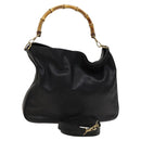 GUCCI Bamboo Hand Bag Leather 2way Black Gold 001 1781 1577 Auth ac3788-1