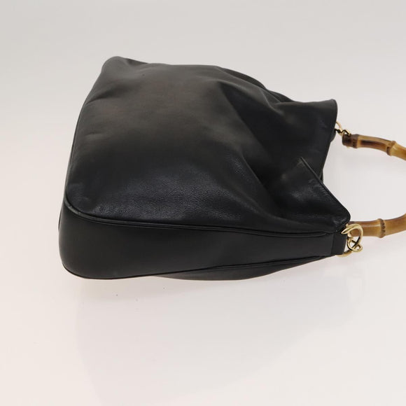GUCCI Bamboo Hand Bag Leather 2way Black Gold 001 1781 1577 Auth ac3788