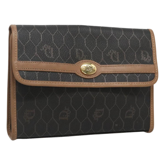Christian Dior Honeycomb Canvas Pouch PVC Leather Black Gold Auth ac3813