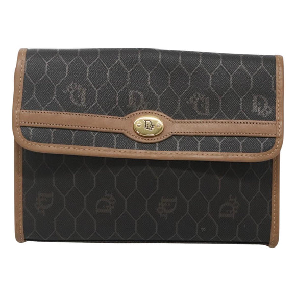 Christian Dior Honeycomb Canvas Pouch PVC Leather Black Gold Auth ac3813