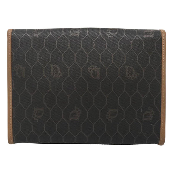 Christian Dior Honeycomb Canvas Pouch PVC Leather Black Gold Auth ac3813