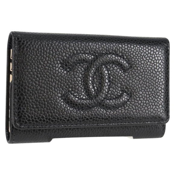 CHANEL Key Case Caviar Skin Black CC Auth ac3828M