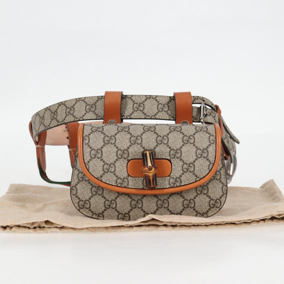 GUCCI GG Supreme Bamboo 1947 Horsebit Waist bag PVC Beige 681137 Auth ac3847M