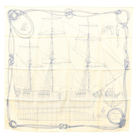 HERMES Carre 90 Scarf ""CHEVAL DE MER"" Silk Cream Auth ac3849