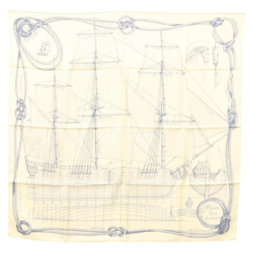 HERMES Carre 90 Scarf ""CHEVAL DE MER"" Silk Cream Auth ac3849