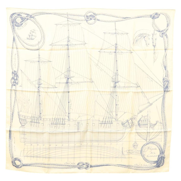 HERMES Carre 90 Scarf ""CHEVAL DE MER"" Silk Cream Auth ac3849