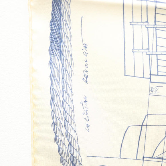 HERMES Carre 90 Scarf ""CHEVAL DE MER"" Silk Cream Auth ac3849