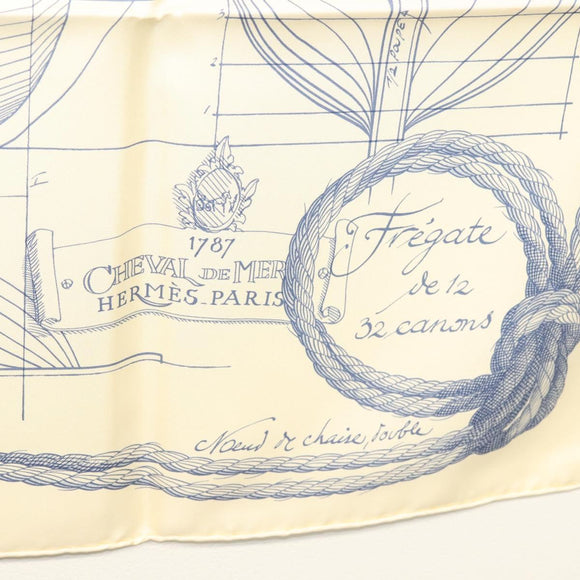 HERMES Carre 90 Scarf ""CHEVAL DE MER"" Silk Cream Auth ac3849