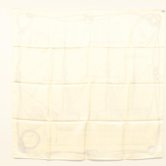 HERMES Carre 90 Scarf ""CHEVAL DE MER"" Silk Cream Auth ac3849