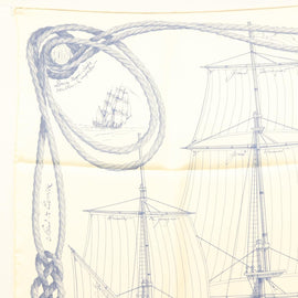 HERMES Carre 90 Scarf ""CHEVAL DE MER"" Silk Cream Auth ac3849 - 0