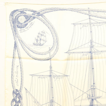 HERMES Carre 90 Scarf ""CHEVAL DE MER"" Silk Cream Auth ac3849 - 0