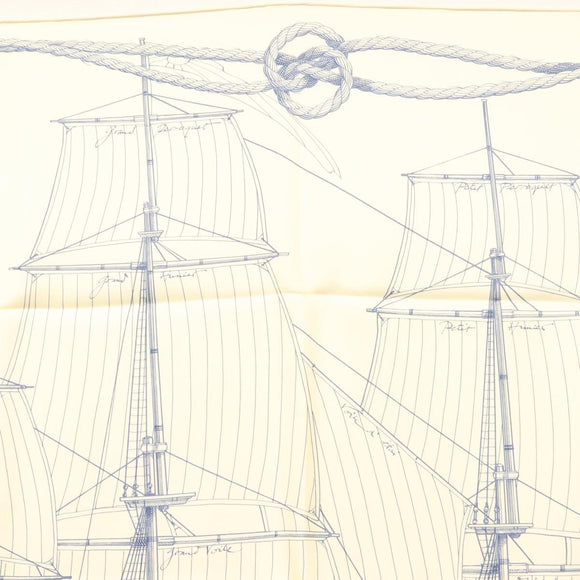 HERMES Carre 90 Scarf ""CHEVAL DE MER"" Silk Cream Auth ac3849