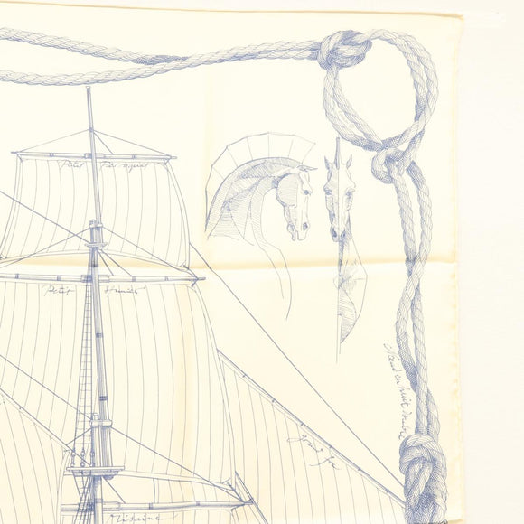 HERMES Carre 90 Scarf ""CHEVAL DE MER"" Silk Cream Auth ac3849