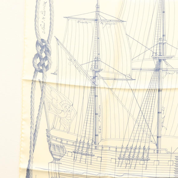 HERMES Carre 90 Scarf ""CHEVAL DE MER"" Silk Cream Auth ac3849