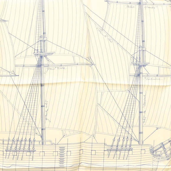 HERMES Carre 90 Scarf ""CHEVAL DE MER"" Silk Cream Auth ac3849