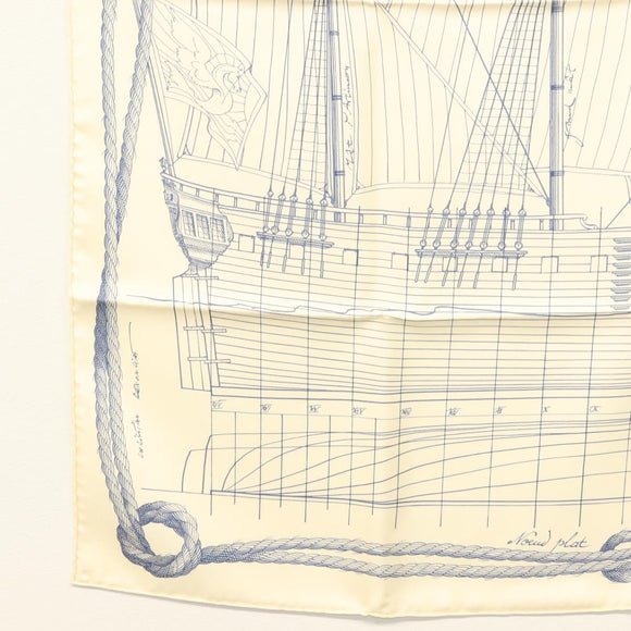 HERMES Carre 90 Scarf ""CHEVAL DE MER"" Silk Cream Auth ac3849