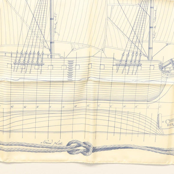 HERMES Carre 90 Scarf ""CHEVAL DE MER"" Silk Cream Auth ac3849