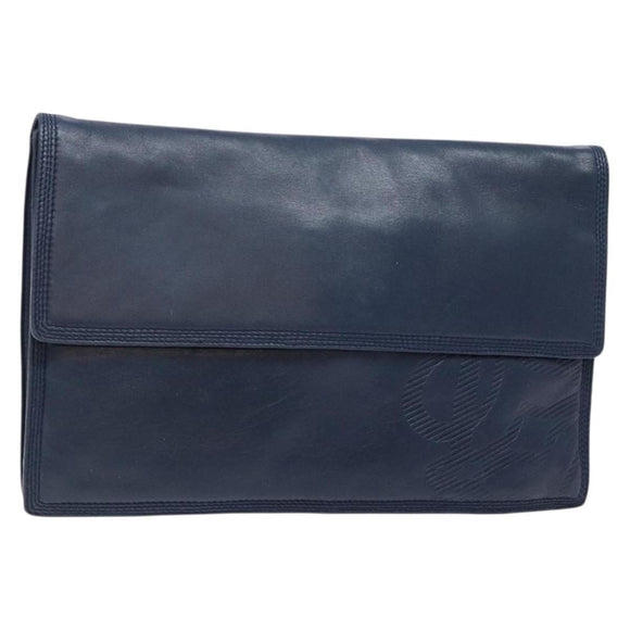 LOEWE Anagram Clutch Bag Leather Navy Gold Auth ac3856