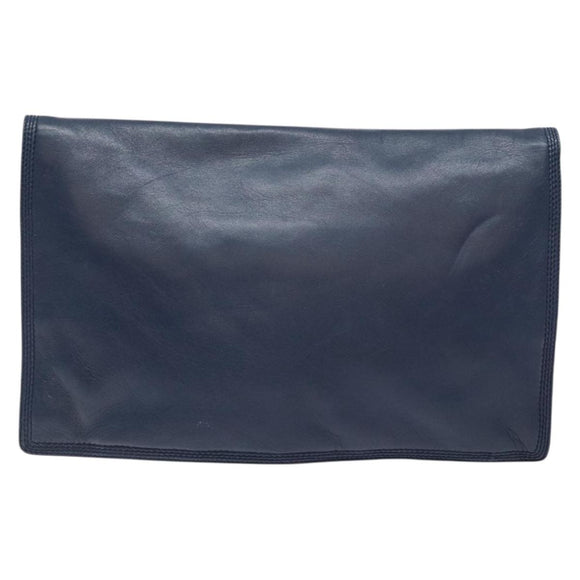 LOEWE Anagram Clutch Bag Leather Navy Gold Auth ac3856
