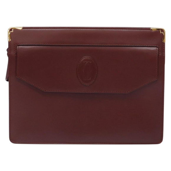 CARTIER Must Line Clutch Bag Leather Bordeaux Gold Auth ac3860